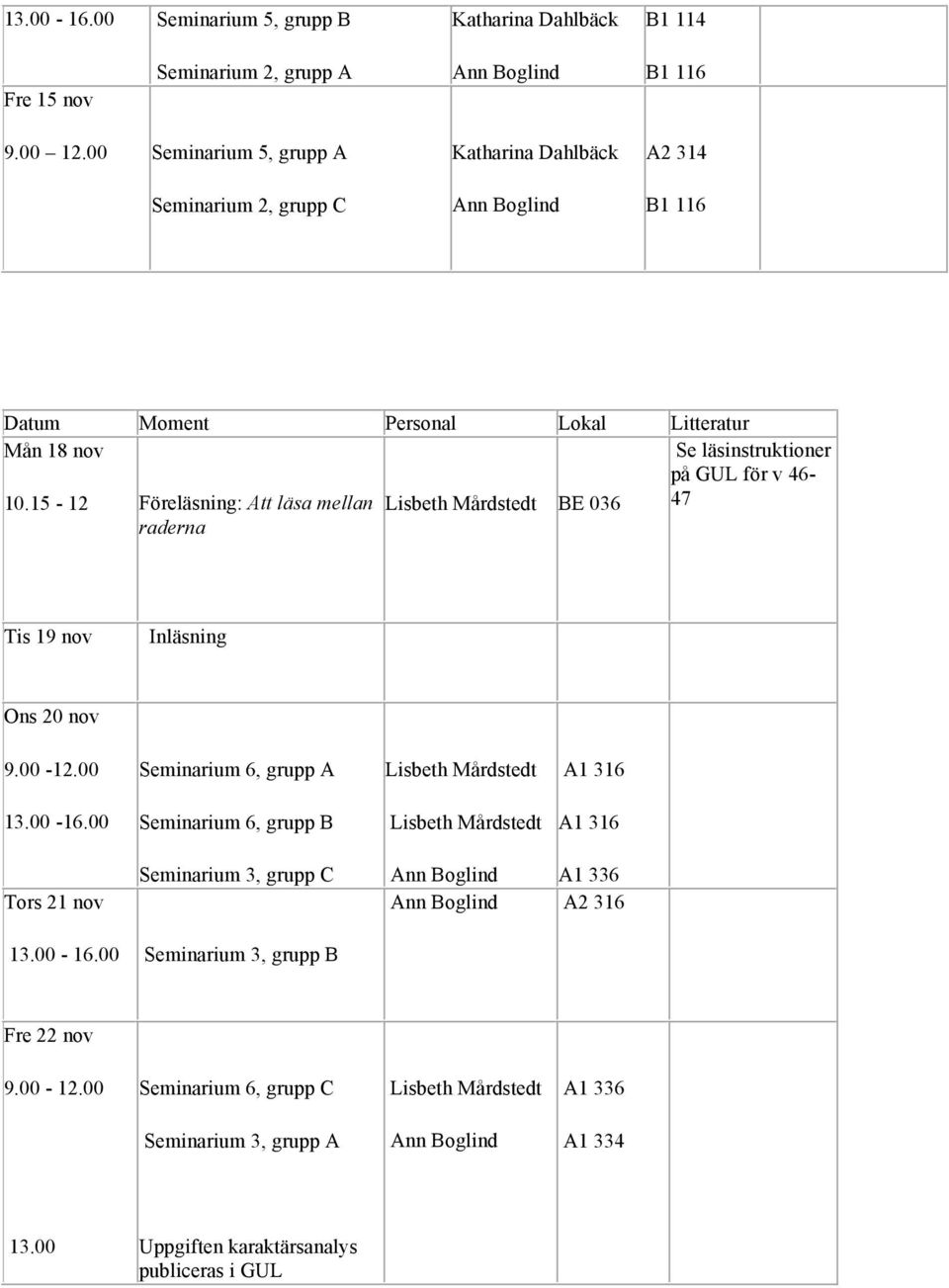 15-12 Föreläsning: Att läsa mellan raderna BE 036 Se läsinstruktioner på GUL för v 46-47 Tis 19 nov Inläsning Ons 20 nov Seminarium 6,