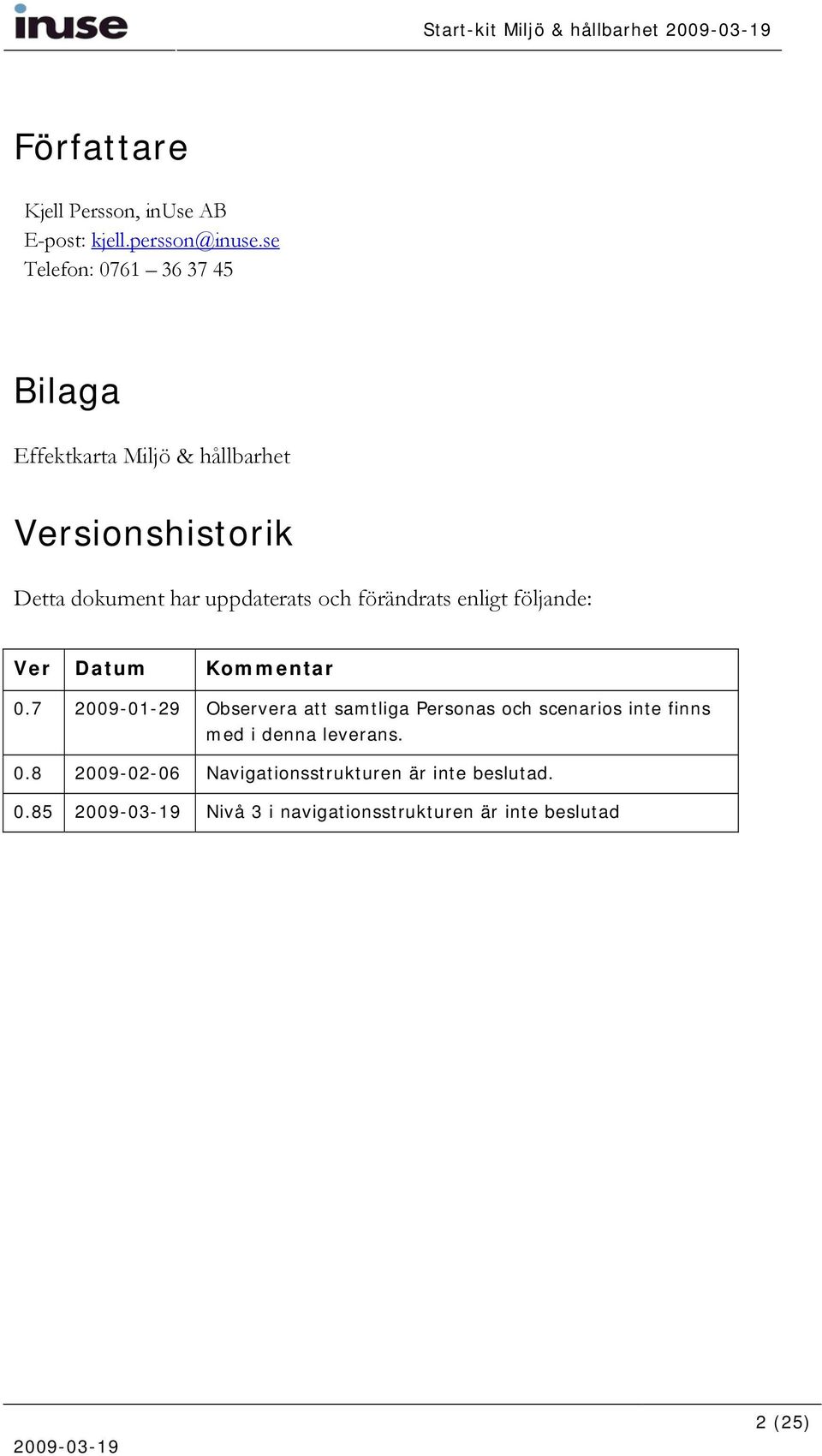 uppdaterats och förändrats enligt följande: Ver Datum Kommentar 0.