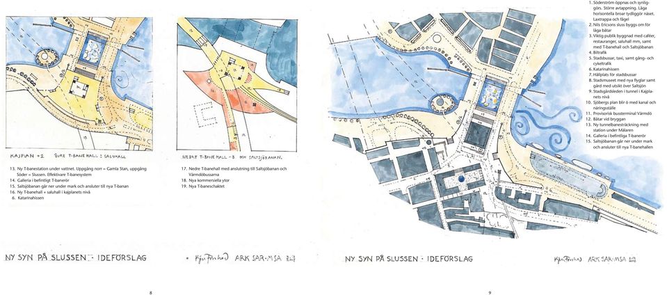 Hållplats för stadsbussar 8. Stadsmuseet med nya flyglar samt gård med utsikt över Saltsjön 9. Stadsgårdsleden i tunnel i Kajplanets nivå 10. Sjöbergs plan blir ö med kanal och näringsställe 11.