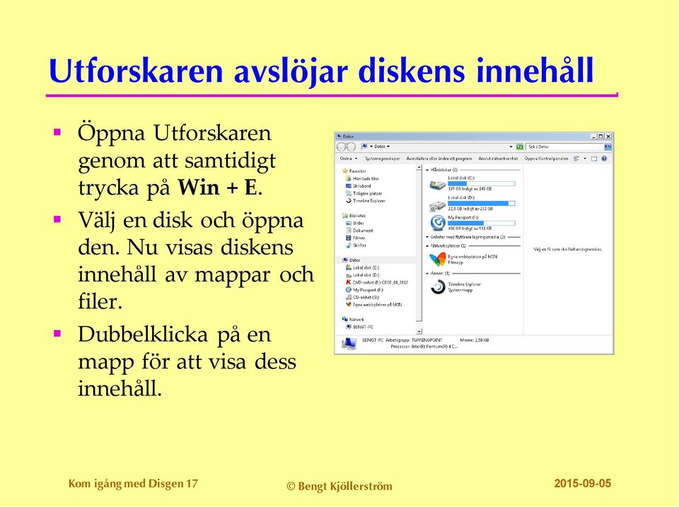 Nu visas diskens innehåll av mappar och filer.