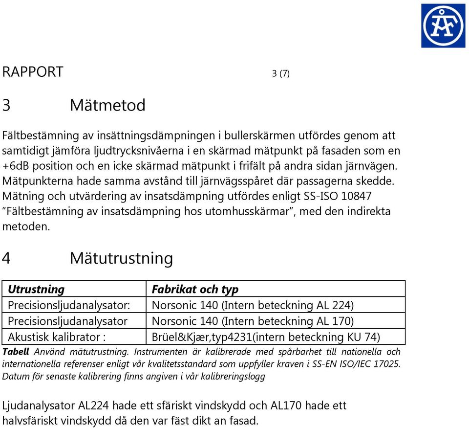 Mätning och utvärdering av insatsdämpning utfördes enligt SS-ISO 10847 Fältbestämning av insatsdämpning hos utomhusskärmar, med den indirekta metoden.