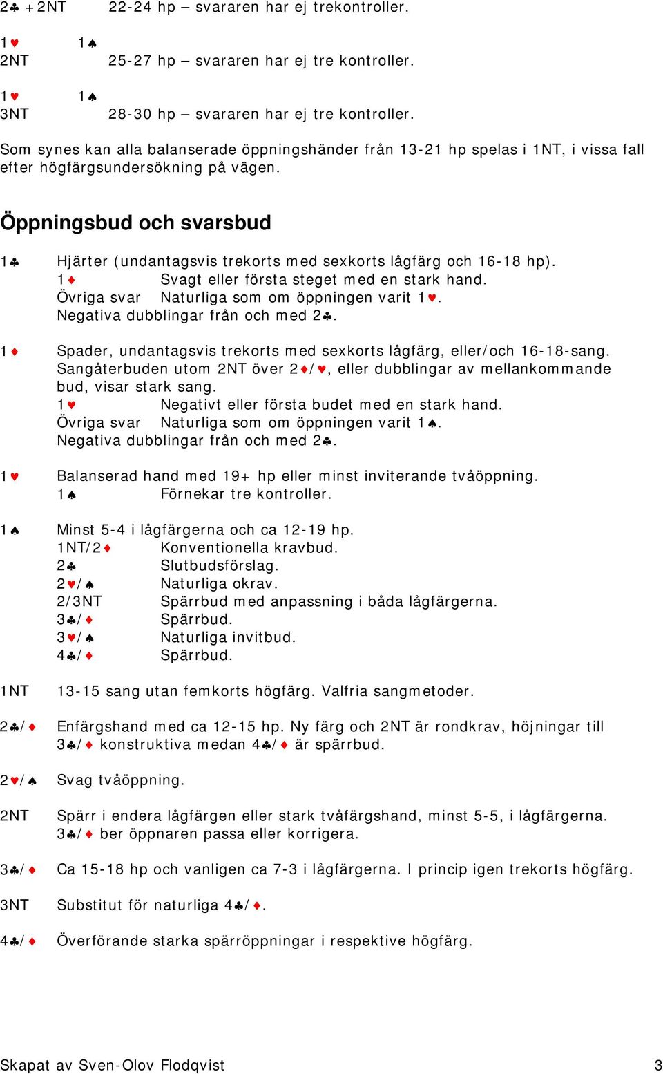 Öppningsbud och svarsbud 1 1 1NT 2 / 2 / 2NT 3 / 3NT 4 / Hjärter (undantagsvis trekorts med sexkorts lågfärg och 16-18 hp). 1 Svagt eller första steget med en stark hand.