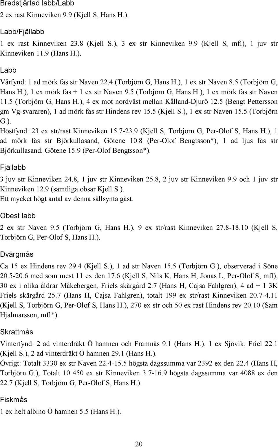 5 (Bengt Pettersson gm Vg-svararen), 1 ad mörk fas str Hindens rev 15.5 (Kjell S.), 1 ex str Naven 15.5 (Torbjörn G.). Höstfynd: 23 ex str/rast Kinneviken 15.7-23.