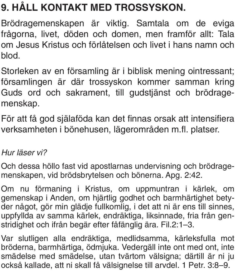 Storleken av en församling är i biblisk mening ointressant; församlingen är där trossyskon kommer samman kring Guds ord och sakrament, till gudstjänst och brödragemenskap.