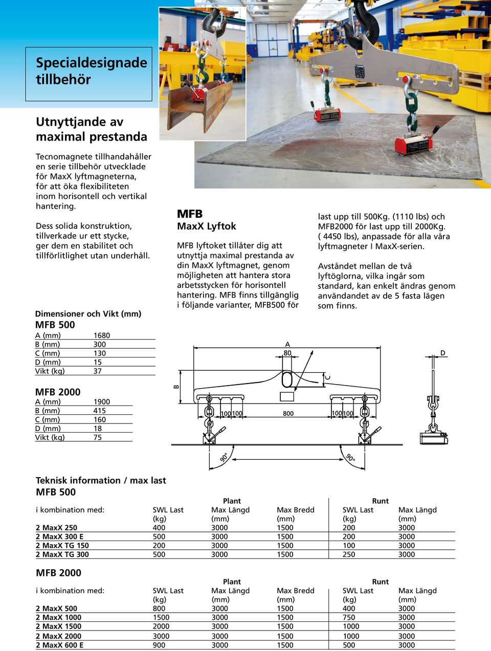 Dimensioner och Vikt (mm) MFB 500 A (mm) 1680 B (mm) 300 C (mm) 130 D (mm) 15 Vikt (kg) 37 MFB 2000 A (mm) 1900 B (mm) 415 C (mm) 160 D (mm) 18 Vikt (kg) 75 MFB MaxX Lyftok MFB lyftoket tillåter dig