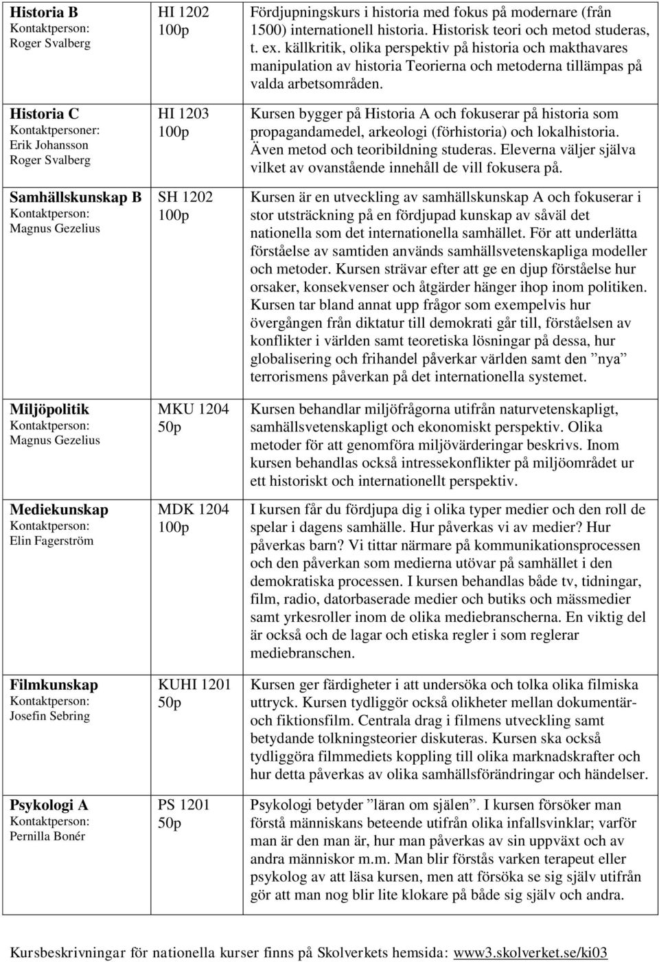 Historisk teori och metod studeras, t. ex. källkritik, olika perspektiv på historia och makthavares manipulation av historia Teorierna och metoderna tillämpas på valda arbetsområden.