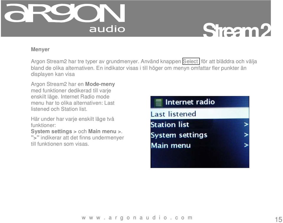 dedikerad till varje enskilt läge. Internet Radio mode menu har to olika alternativen: Last listened och Station list.