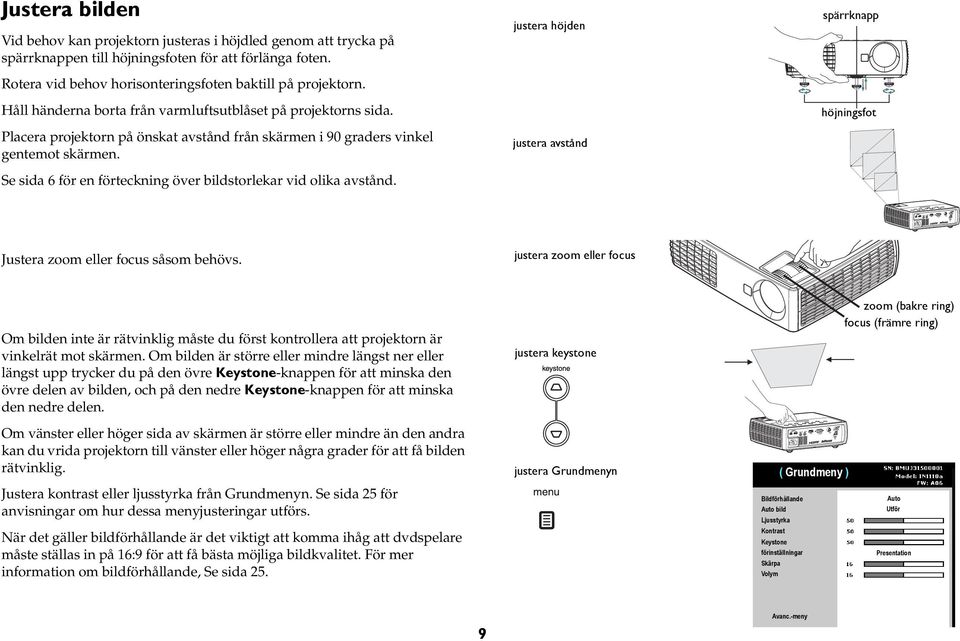 Se sida 6 för en förteckning över bildstorlekar vid olika avstånd. justera höjden justera avstånd spärrknapp höjningsfot Justera zoom eller focus såsom behövs.