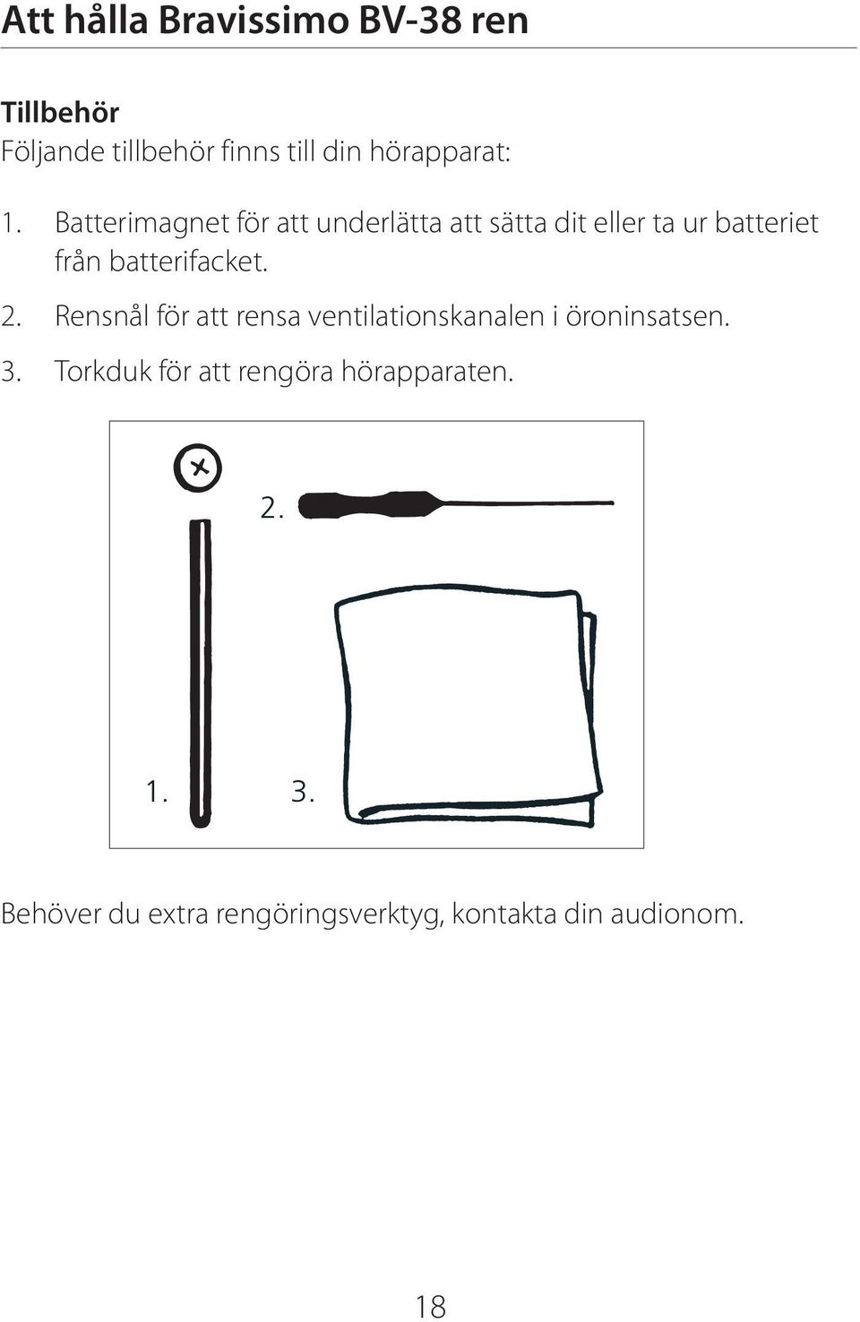 batterifacket. 2. Rensnål för att rensa ventilationskanalen i öroninsatsen. 3.