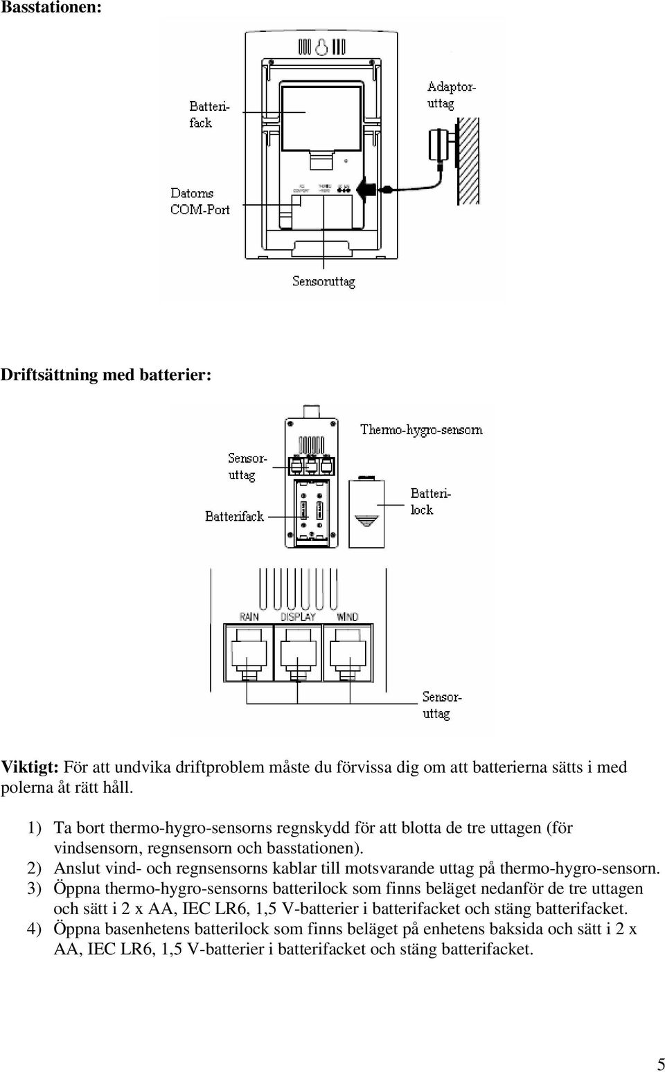 2) Anslut vind- och regnsensorns kablar till motsvarande uttag på thermo-hygro-sensorn.