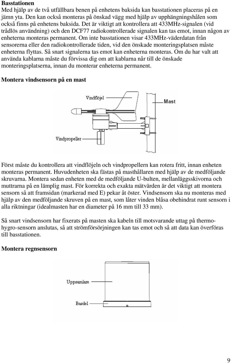 Det är viktigt att kontrollera att 433MHz-signalen (vid trådlös användning) och den DCF77 radiokontrollerade signalen kan tas emot, innan någon av enheterna monteras permanent.