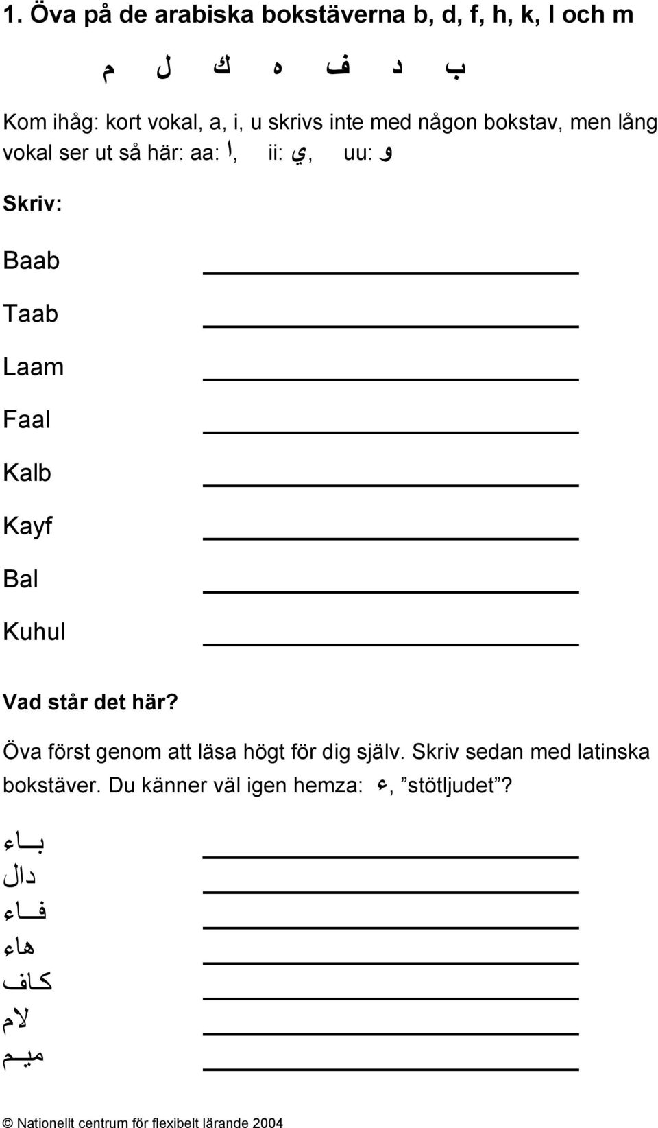 Laam Faal Kalb Kayf Bal Kuhul Vad står det här? Öva först genom att läsa högt för dig själv.