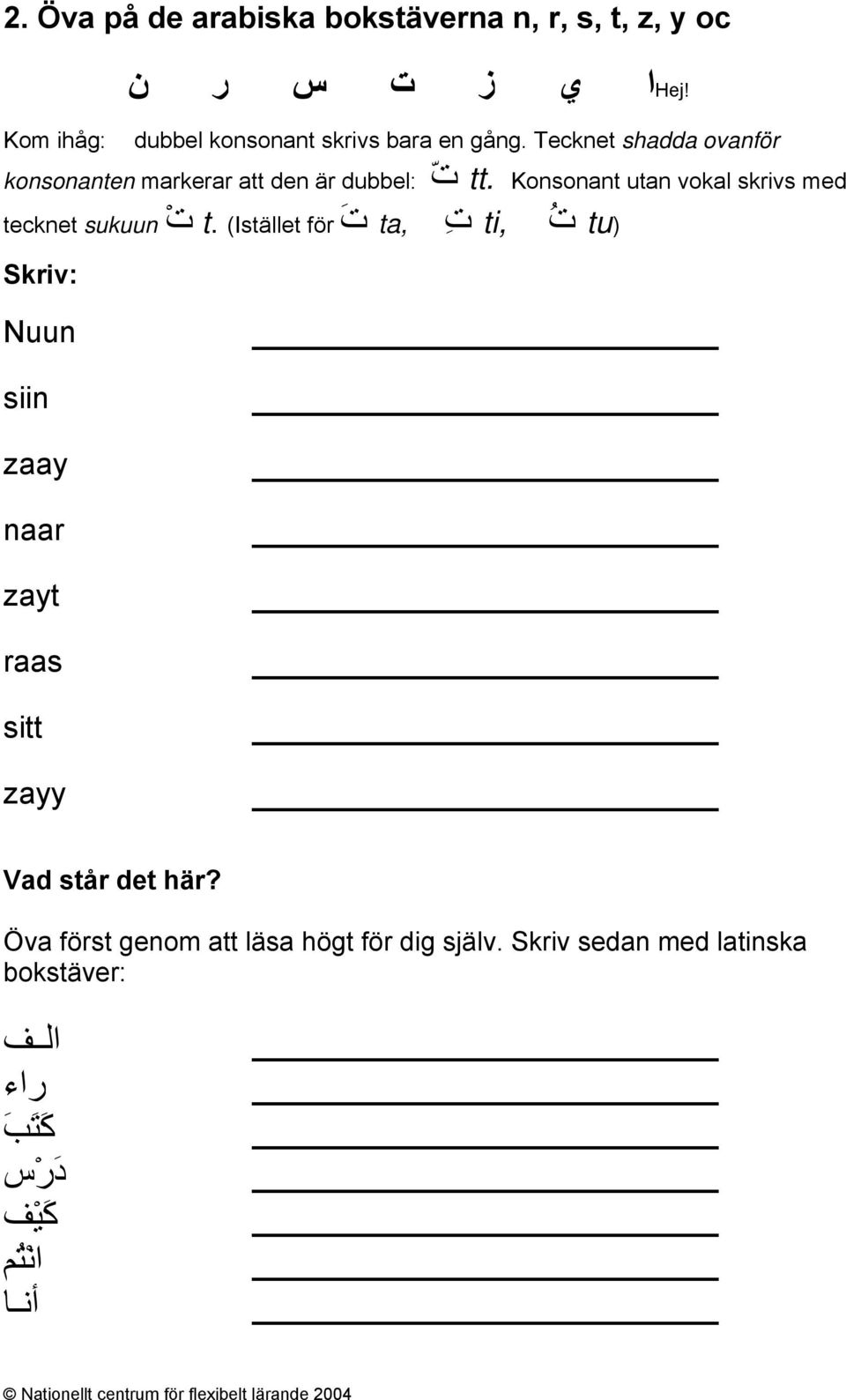 Tecknet shadda ovanför konsonanten markerar att den är dubbel: ت tt.