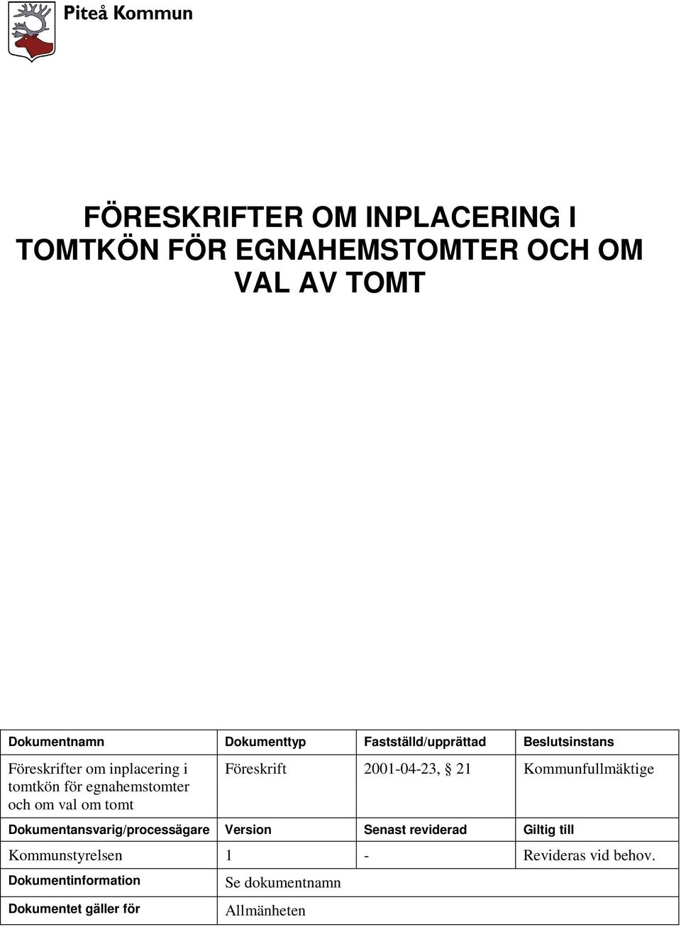 tomt Föreskrift 2001-04-23, 21 Kommunfullmäktige Dokumentansvarig/processägare Version Senast reviderad