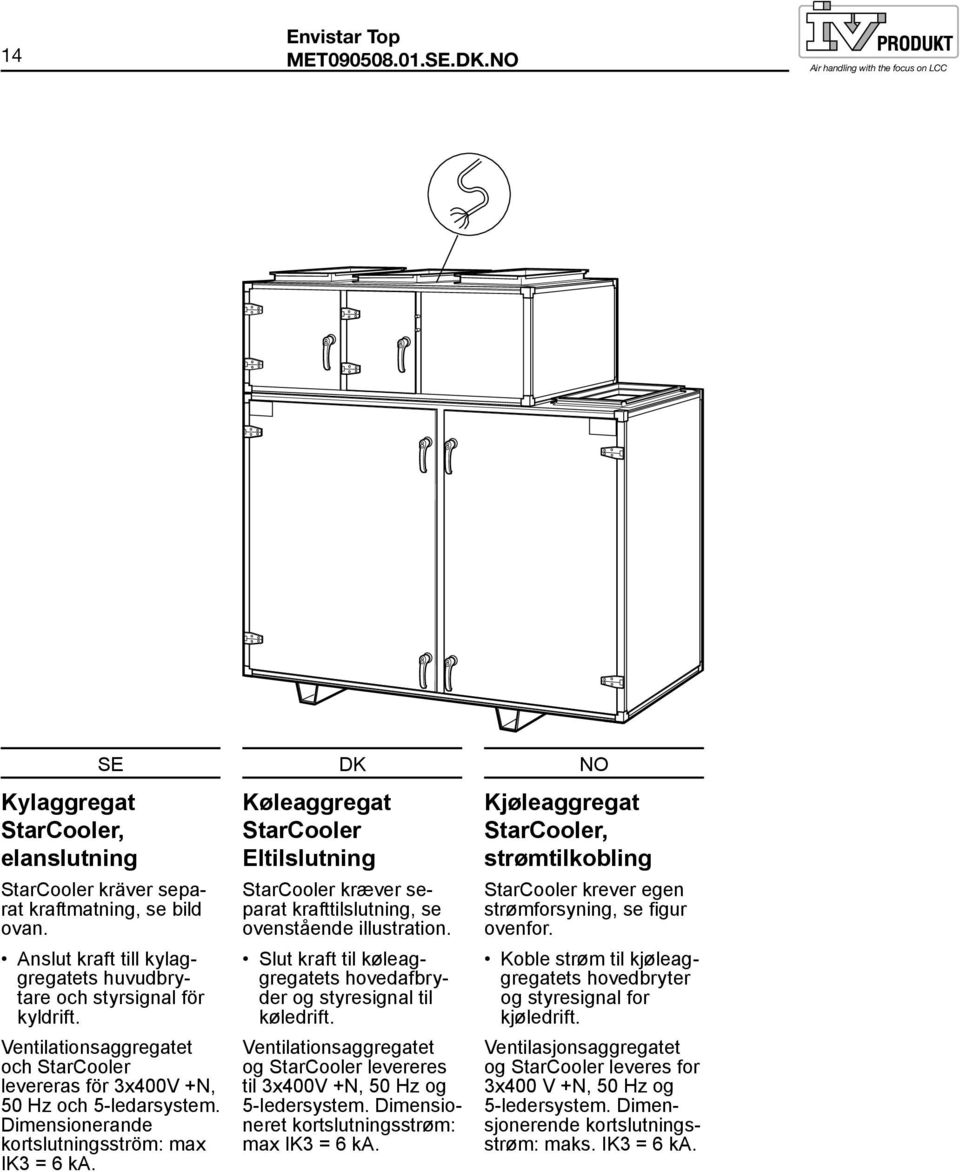 Dimensionerande kortslutningsström: max IK3 = 6 ka. Køleaggregat StarCooler Eltilslutning StarCooler kræver separat krafttilslutning, se ovenstående illustration.