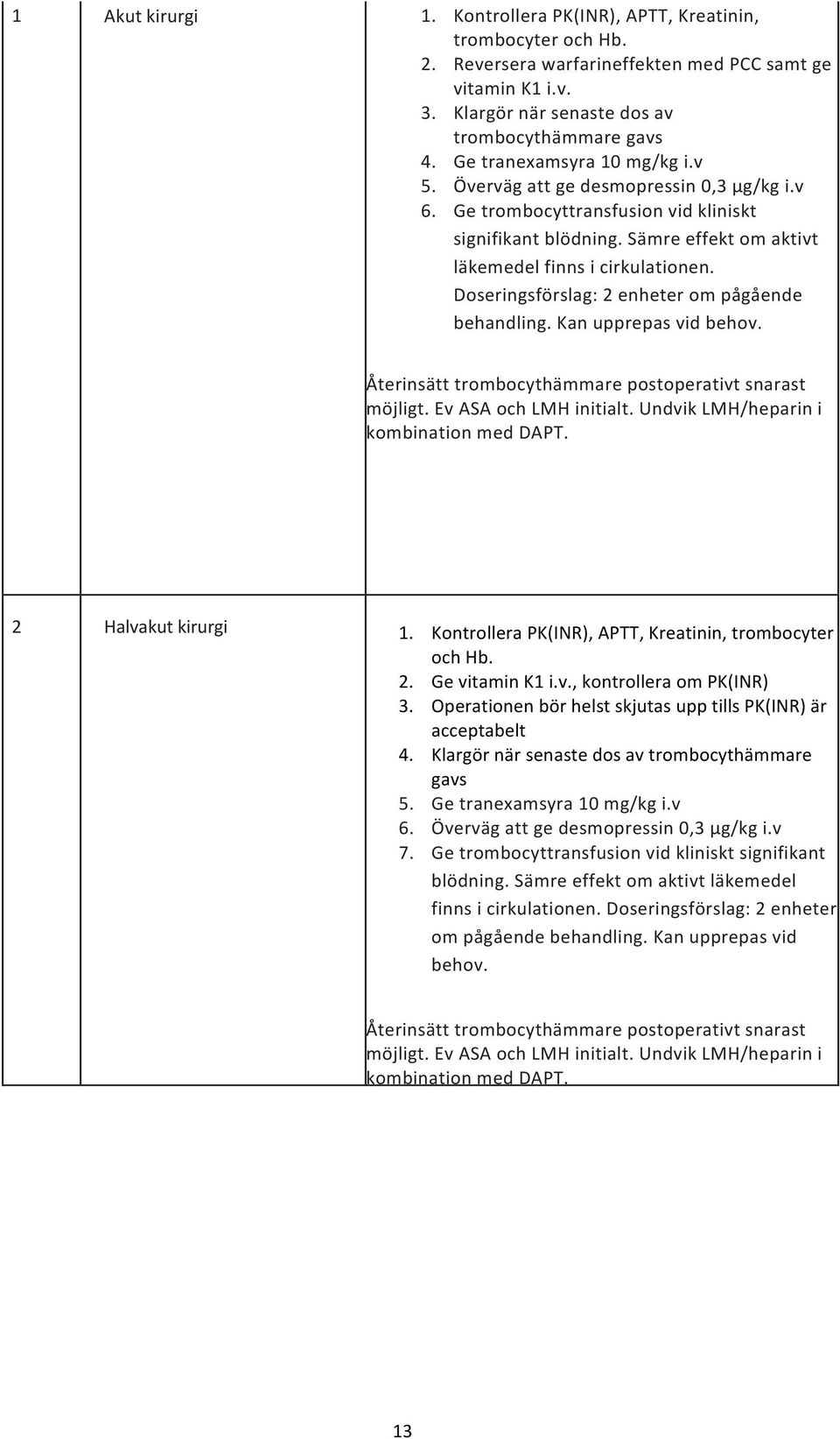 kanupprepasvidbehov. Återinsätttrombocythämmarepostoperativtsnarast möjligt.evasaochlmhinitialt.undviklmh/heparini kombinationmeddapt. 2 Halvakutkirurgi 1.