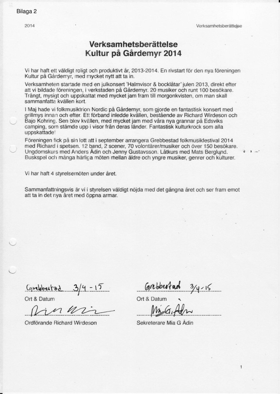 Verksamheten startade med en julkonsert 'Halmvisor & bocklatar' julen 20't3, direkt efter att vi bildade fdreningen, i verkstaden pii Gdrdemyr. 20 musiker och runt 100 besdkare.
