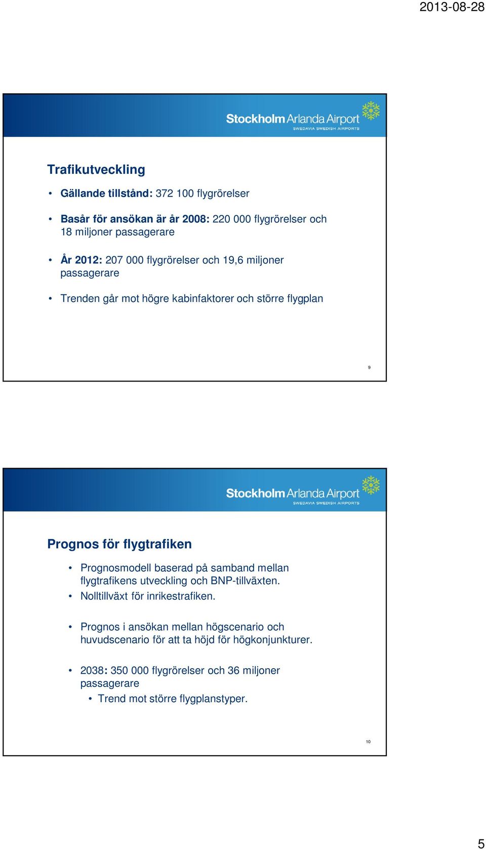 Prognosmodell baserad på samband mellan flygtrafikens utveckling och BNP-tillväxten. Nolltillväxt för inrikestrafiken.