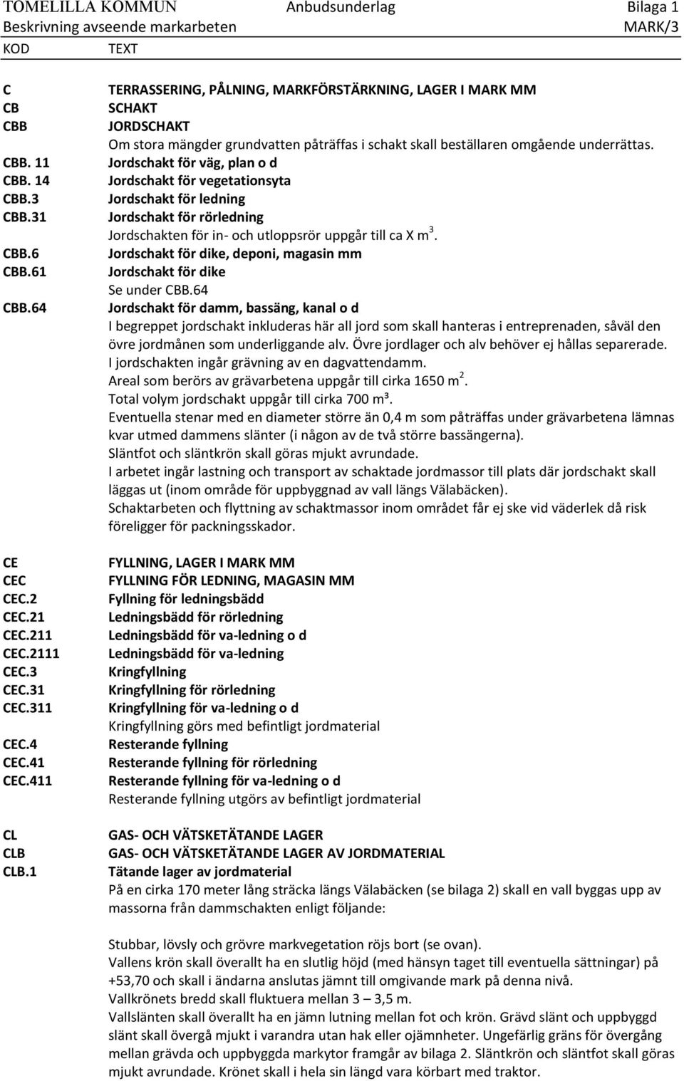 Jordschakt för väg, plan o d Jordschakt för vegetationsyta Jordschakt för ledning Jordschakt för rörledning Jordschakten för in- och utloppsrör uppgår till ca X m 3.