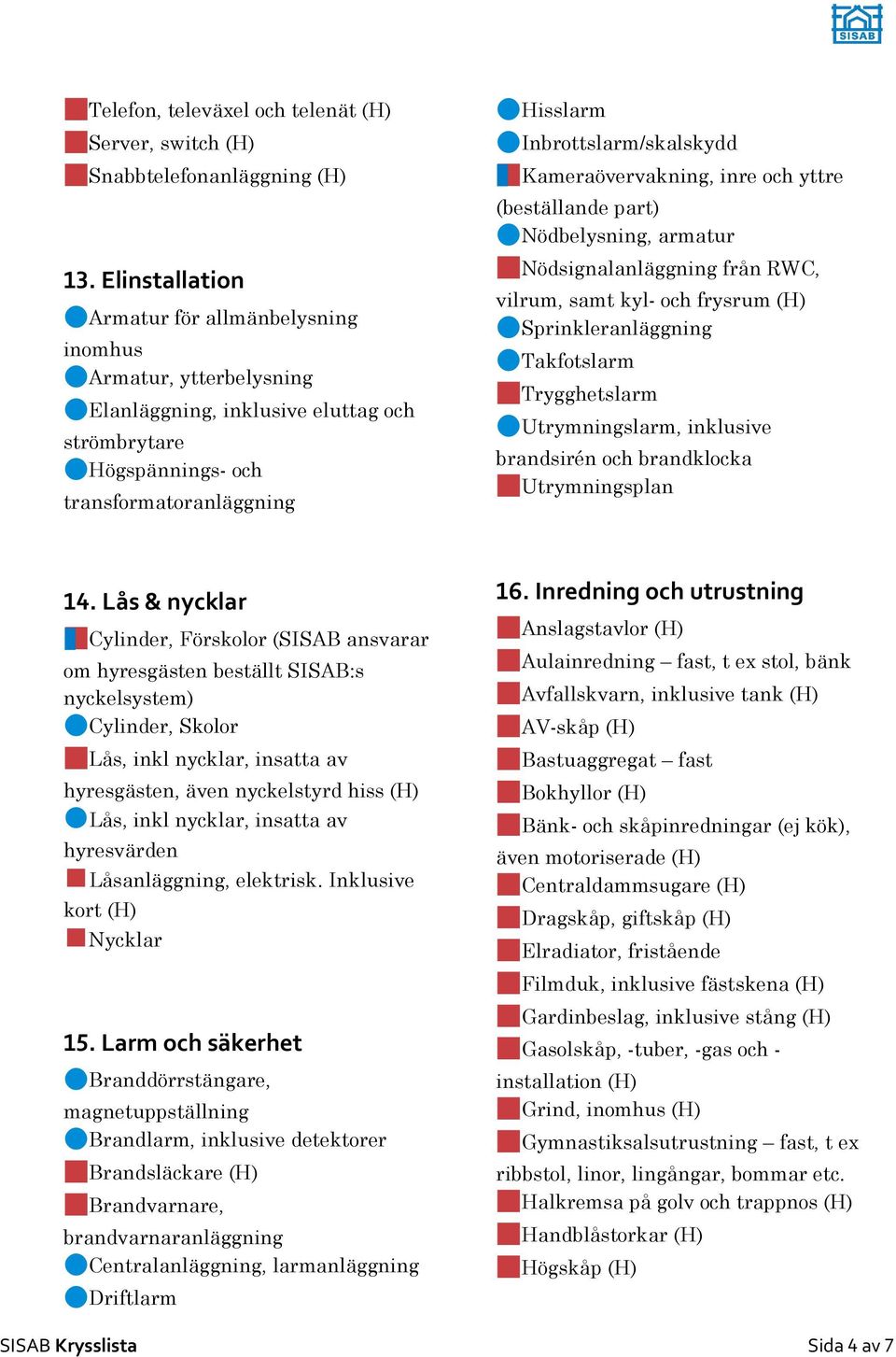 Kameraövervakning, inre och yttre (beställande part) Nödbelysning, armatur Nödsignalanläggning från RWC, vilrum, samt kyl- och frysrum (H) Sprinkleranläggning Takfotslarm Trygghetslarm