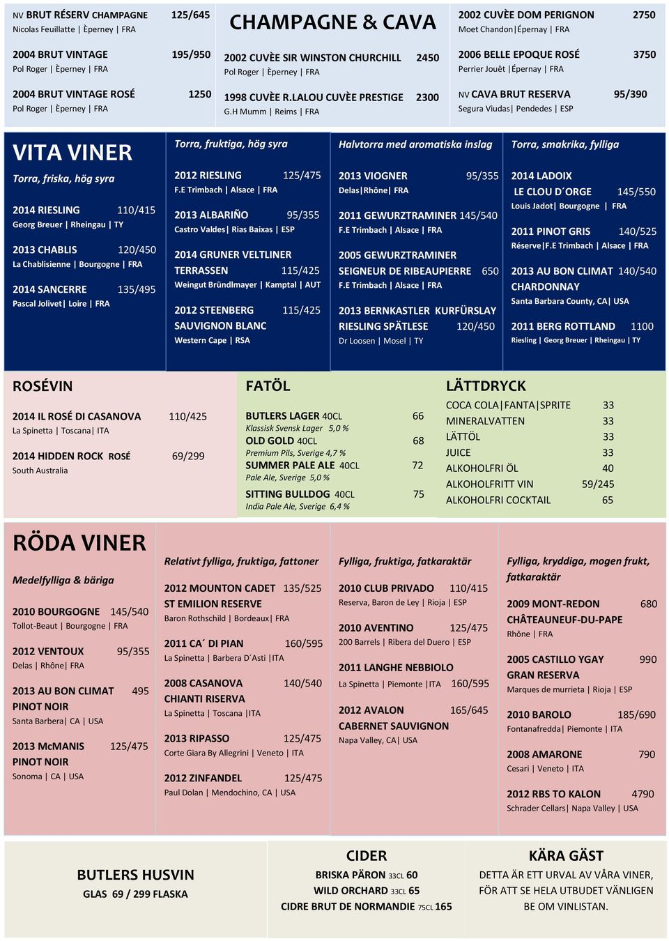 H Mumm Reims FRA 2002 CUVÈE DOM PERIGNON 2750 Moet Chandon Épernay FRA 2006 BELLE EPOQUE ROSÉ 3750 Perrier Jouêt Épernay FRA NV CAVA BRUT RESERVA 95/390 Segura Viudas Pendedes ESP VITA VINER Torra,