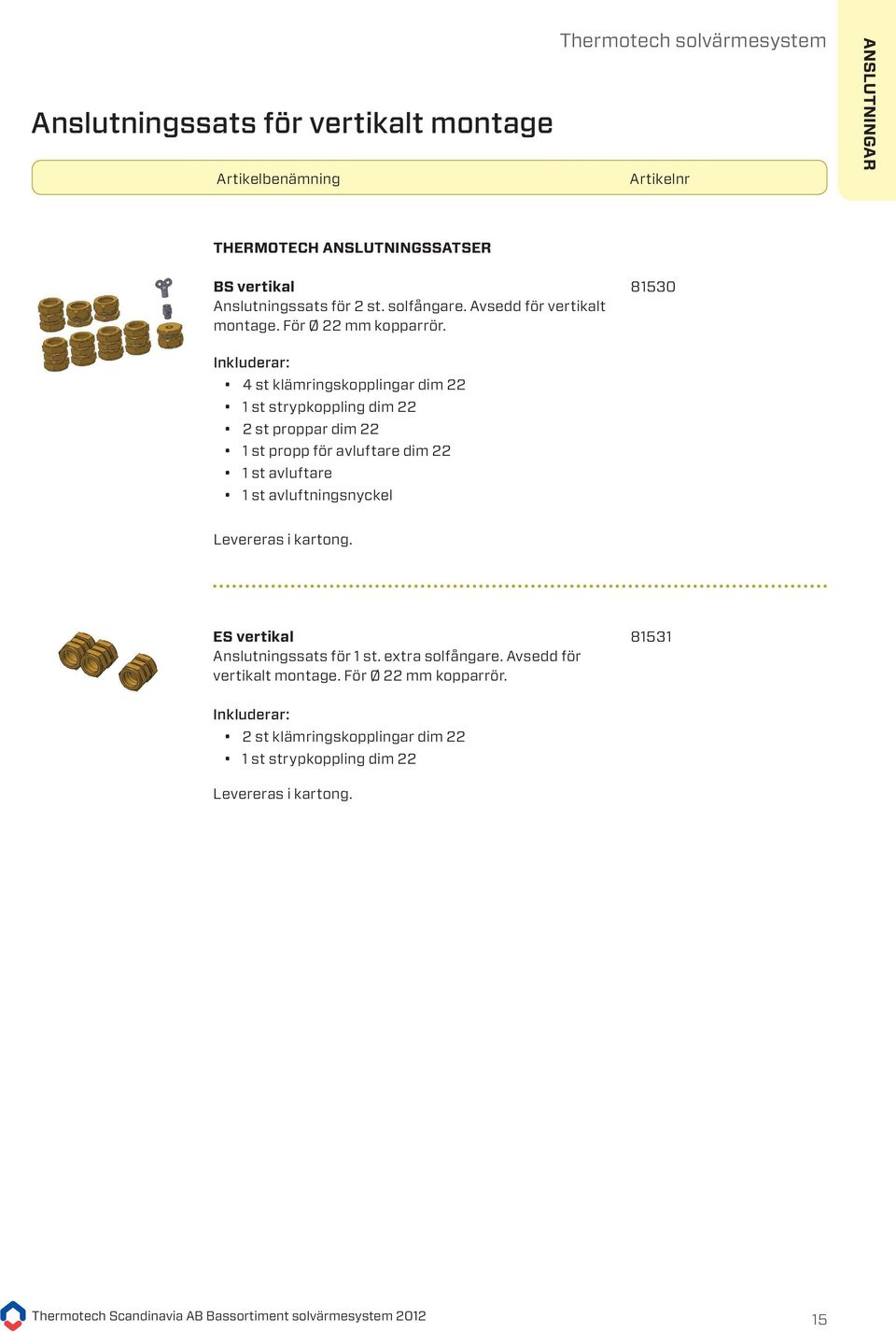 Inkluderar: 4 st klämringskopplingar dim 22 1 st strypkoppling dim 22 2 st proppar dim 22 1 st propp för avluftare dim 22 1 st avluftare 1 st