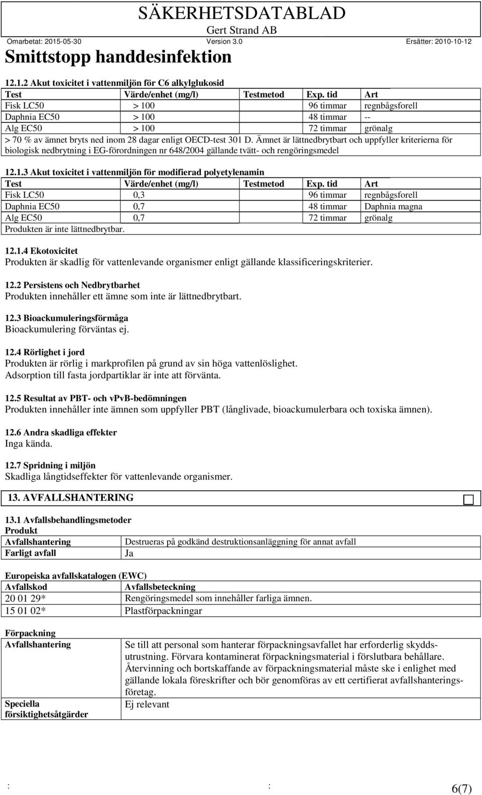 Ämnet är lättnedbrytbart och uppfyller kriterierna för biologisk nedbrytning i EG-förordningen nr 648/2004 gällande tvätt- och rengöringsmedel 12