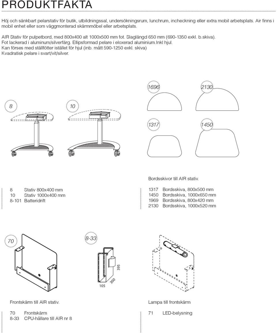 Fot lackerad i aluminum/silverfärg. Ellipsformad pelare i eloxerad aluminium.inkl hjul. Kan förses med ställfötter istället för hjul (inb. mått 590-1250 exkl.