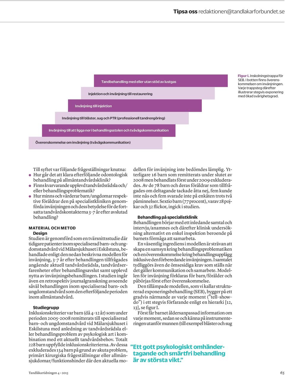 Invänjning till injektion Invänjning till bläster, sug och PTR (professionell tandrengöring) Invänjning till att ligga ner i behandlingsstolen och tvåvägskommunikation Överenskommelse om invänjning