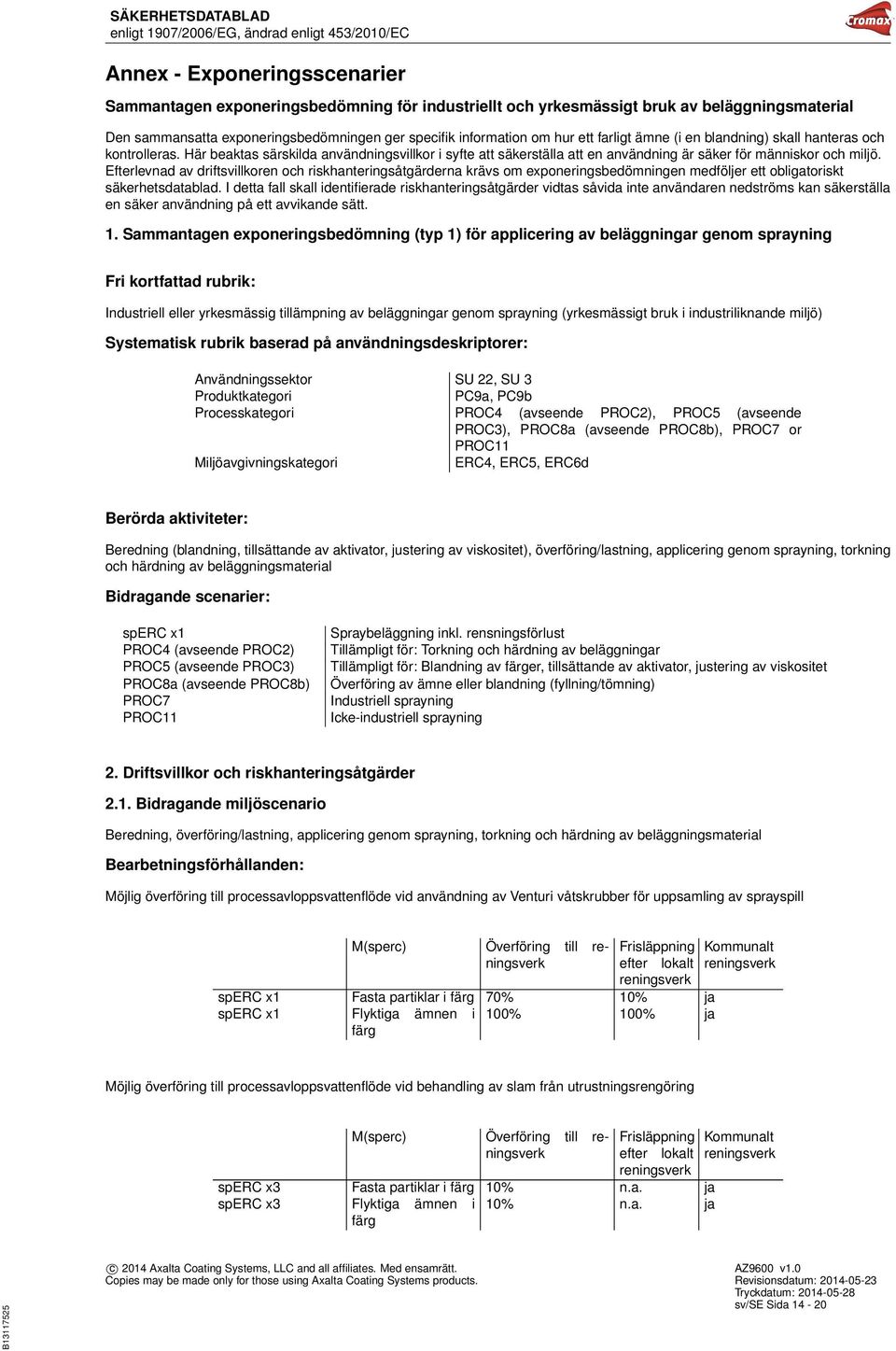 Efterlevnad av driftsvillkoren och riskhanteringsåtgärderna krävs om exponeringsbedömningen medföljer ett obligatoriskt säkerhetsdatablad.