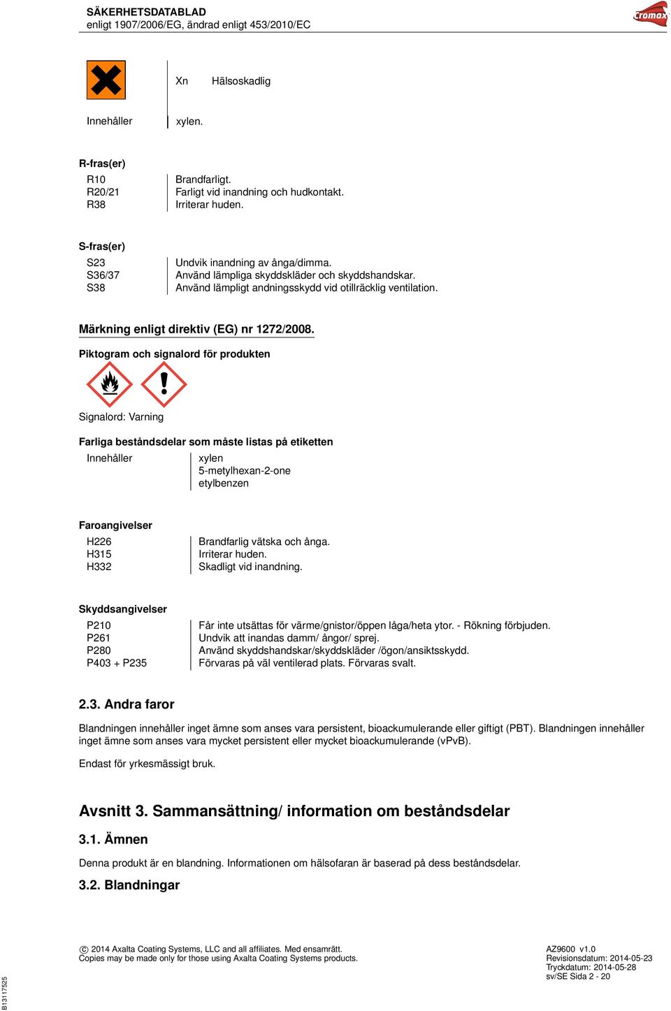 Piktogram och signalord för produkten Signalord: Varning Farliga beståndsdelar som måste listas på etiketten Innehåller xylen 5-metylhexan-2-one etylbenzen Faroangivelser H226 H315 H332 Brandfarlig