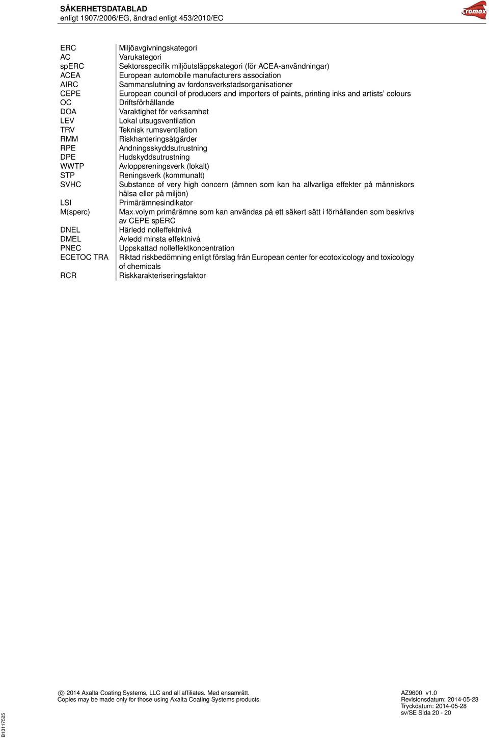 colours Driftsförhållande Varaktighet för verksamhet Lokal utsugsventilation Teknisk rumsventilation Riskhanteringsåtgärder Andningsskyddsutrustning Hudskyddsutrustning Avloppsreningsverk (lokalt)