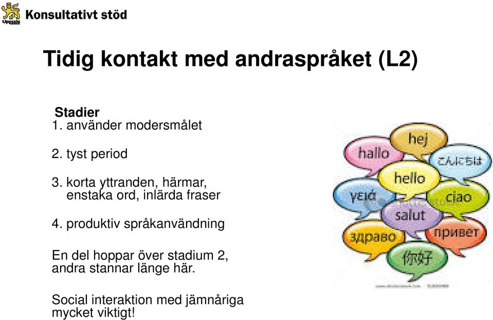 korta yttranden, härmar, enstaka ord, inlärda fraser 4.