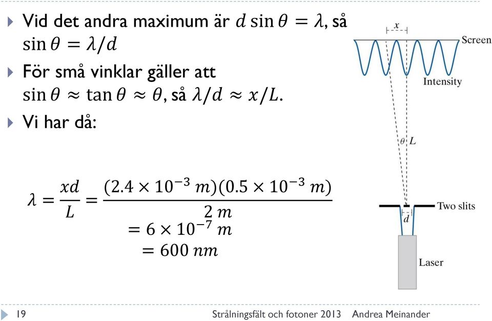 θ θ, så λ/d x/l. Vi har då: λ = xd L = (2.