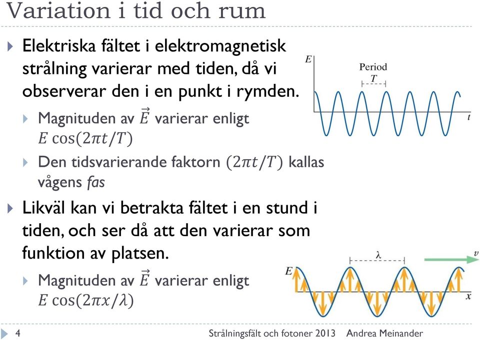 Magnituden av E varierar enligt E cos(2πt/t) Den tidsvarierande faktorn (2πt/T) kallas vågens