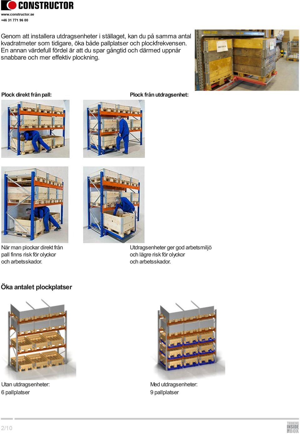 Plock direkt från pall: Plock från utdragsenhet: När man plockar direkt från pall finns risk för olyckor och arbetsskador.