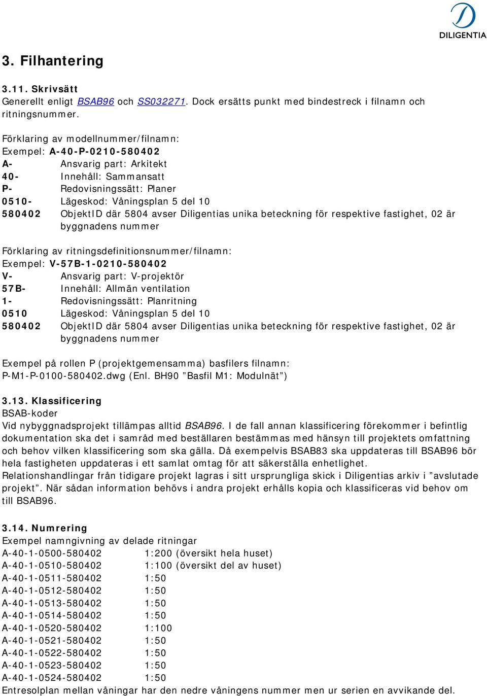 där 5804 avser Diligentias unika beteckning för respektive fastighet, 02 är byggnadens nummer Förklaring av ritningsdefinitionsnummer/filnamn: Exempel: V-57B-1-0210-580402 V- Ansvarig part: