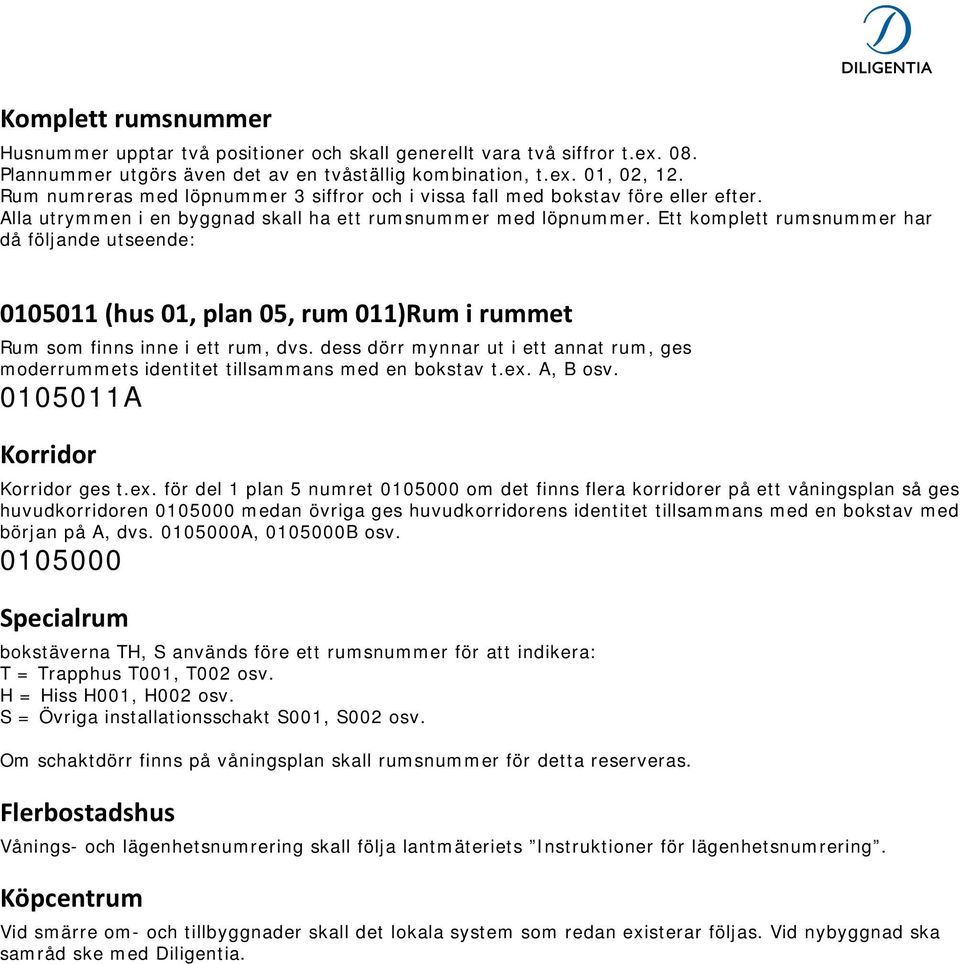 Ett komplett rumsnummer har då följande utseende: 0105011 (hus 01, plan 05, rum 011)Rum i rummet Rum som finns inne i ett rum, dvs.