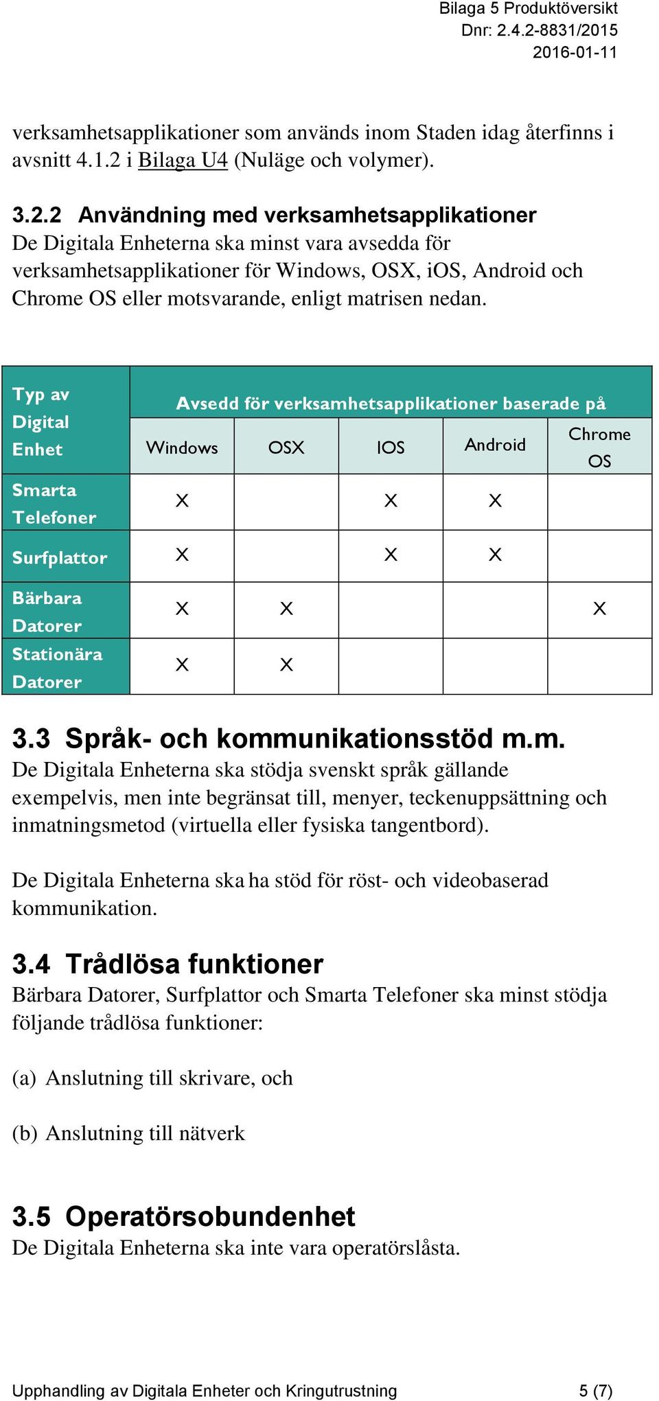 2 Användning med verksamhetsapplikationer De Digitala Enheterna ska minst vara avsedda för verksamhetsapplikationer för Windows, OSX, ios, Android och Chrome OS eller motsvarande, enligt matrisen