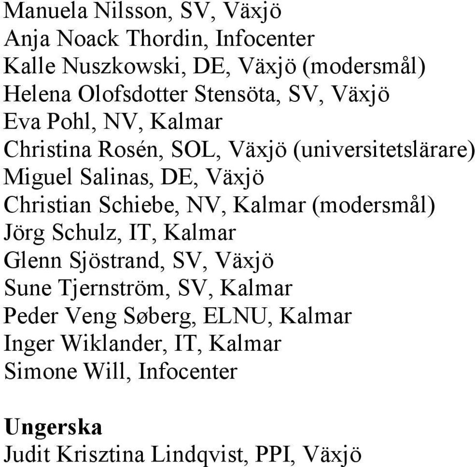 Salinas, DE, Växjö Christian Schiebe, NV, Kalmar (modersmål) Jörg Schulz, IT, Kalmar Glenn Sjöstrand, SV, Växjö