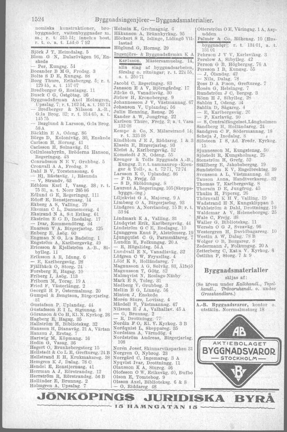 72 - Albert, Birgerjårtsg. 96. - B, Timmermansg. 29 A - C J, Katarina Bang. 28 - Elin, Brännkyrkag. 96 - F W,'Norrtullsg. 15 - Greta, Scheeleg. 8 - H, Karlbergsväg.. 86 B - Hulda, Tegnersg.