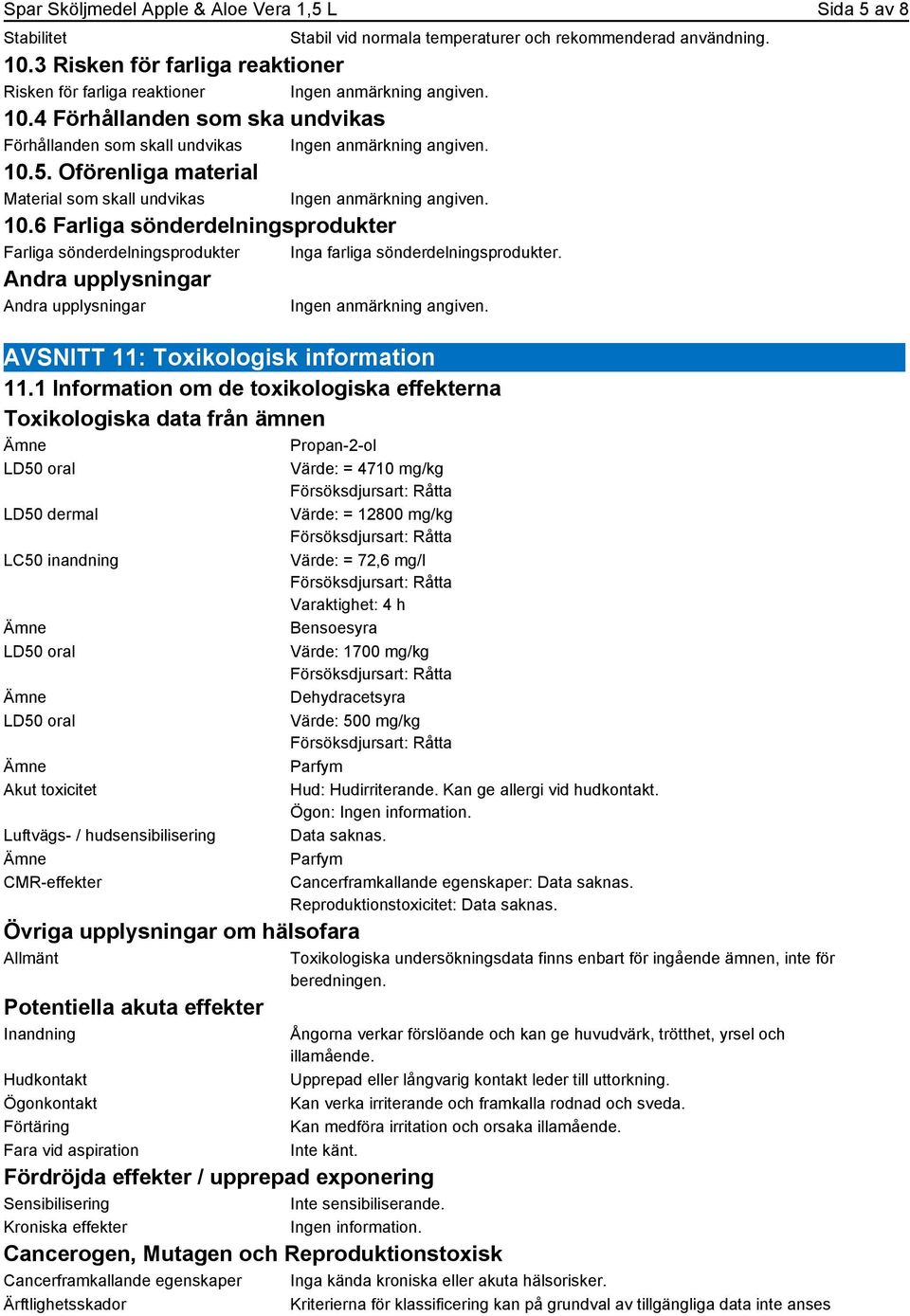 6 Farliga sönderdelningsprodukter Farliga sönderdelningsprodukter Inga farliga sönderdelningsprodukter. AVSNITT 11: Toxikologisk information 11.