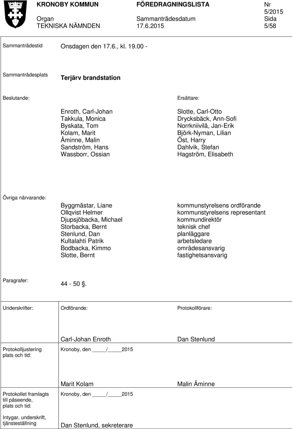 Drycksbäck, Ann-Sofi Norrkniivilä, Jan-Erik Björk-Nyman, Lilian Öst, Harry Dahlvik, Stefan Hagström, Elisabeth Övriga närvarande: Byggmästar, Liane Ollqvist Helmer Djupsjöbacka, Michael Storbacka,