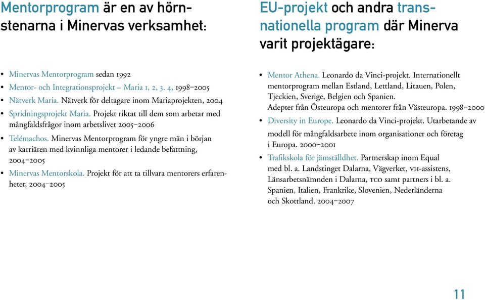 Minervas program för yngre män i början av karriären med kvinnliga mentorer i ledande befattning, 2004 2005 Minervas skola. Projekt för att ta tillvara mentorers erfarenheter, 2004 2005 Athena.