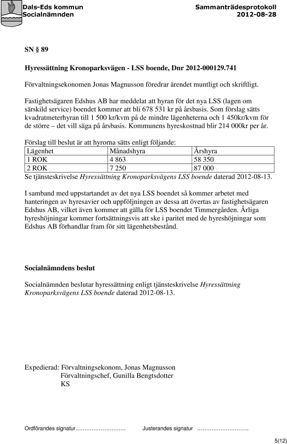 Som förslag sätts kvadratmeterhyran till 1 500 kr/kvm på de mindre lägenheterna och 1 450kr/kvm för de större det vill säga på årsbasis. Kommunens hyreskostnad blir 214 000kr per år.