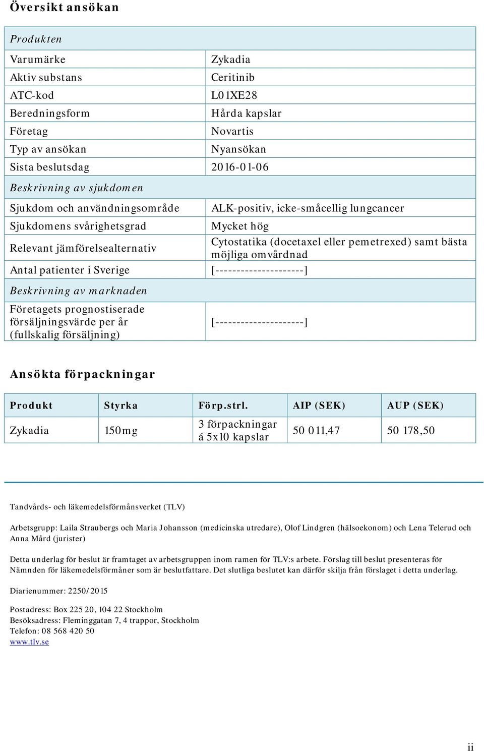 möjliga omvårdnad Antal patienter i Sverige [---------------------] Beskrivning av marknaden Företagets prognostiserade försäljningsvärde per år (fullskalig försäljning) [---------------------]