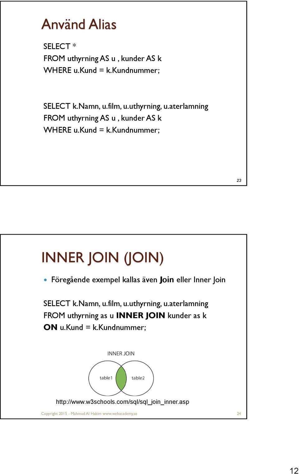 kundnummer; 23 INNER JOIN (JOIN) Föregående exempel kallas även Join eller Inner Join SELECT k.namn, u.film, u.uthyrning, u.