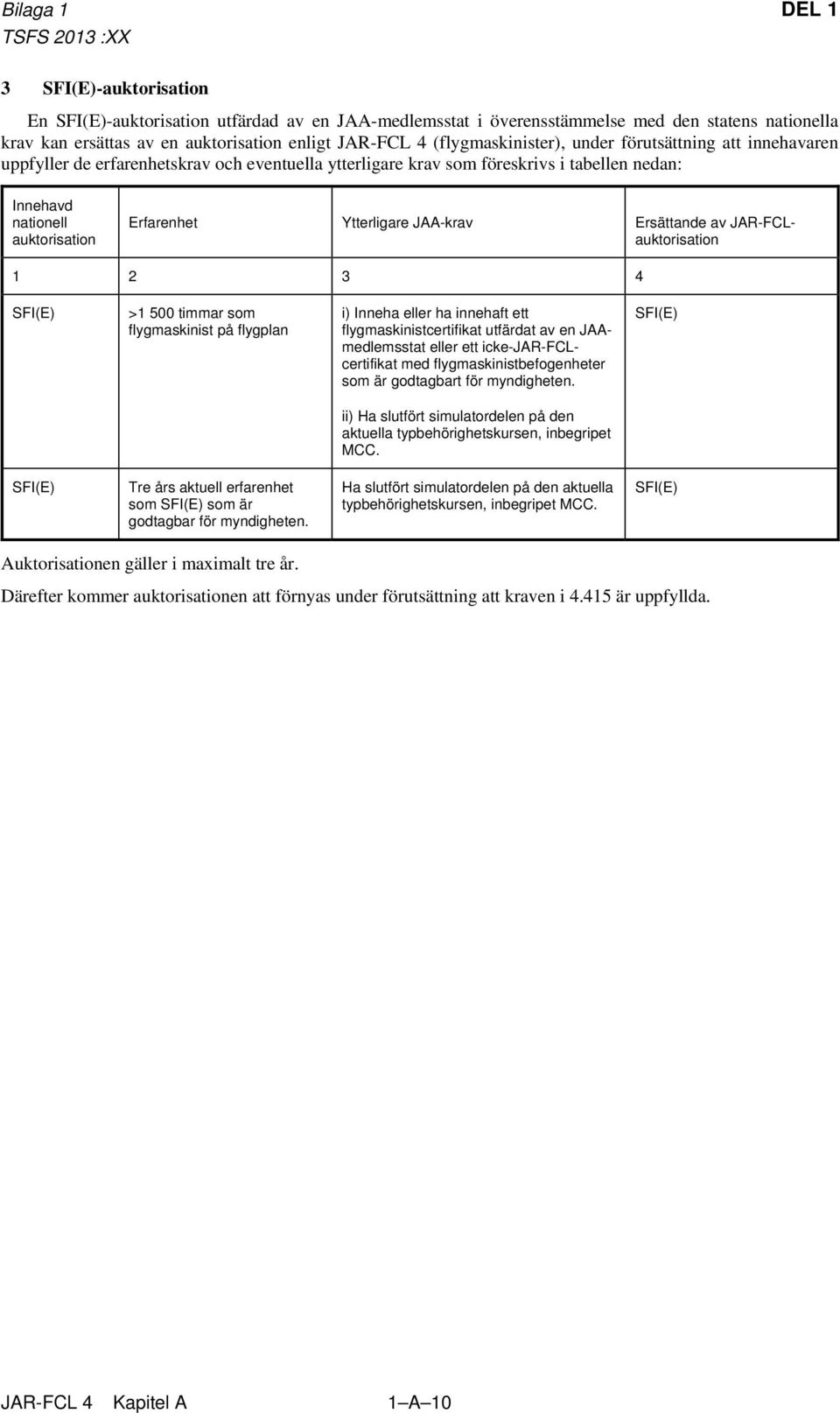 Ytterligare JAA-krav Ersättande av JAR-FCLauktorisation 1 2 3 4 SFI(E) >1 500 timmar som flygmaskinist på flygplan i) Inneha eller ha innehaft ett flygmaskinistcertifikat utfärdat av en