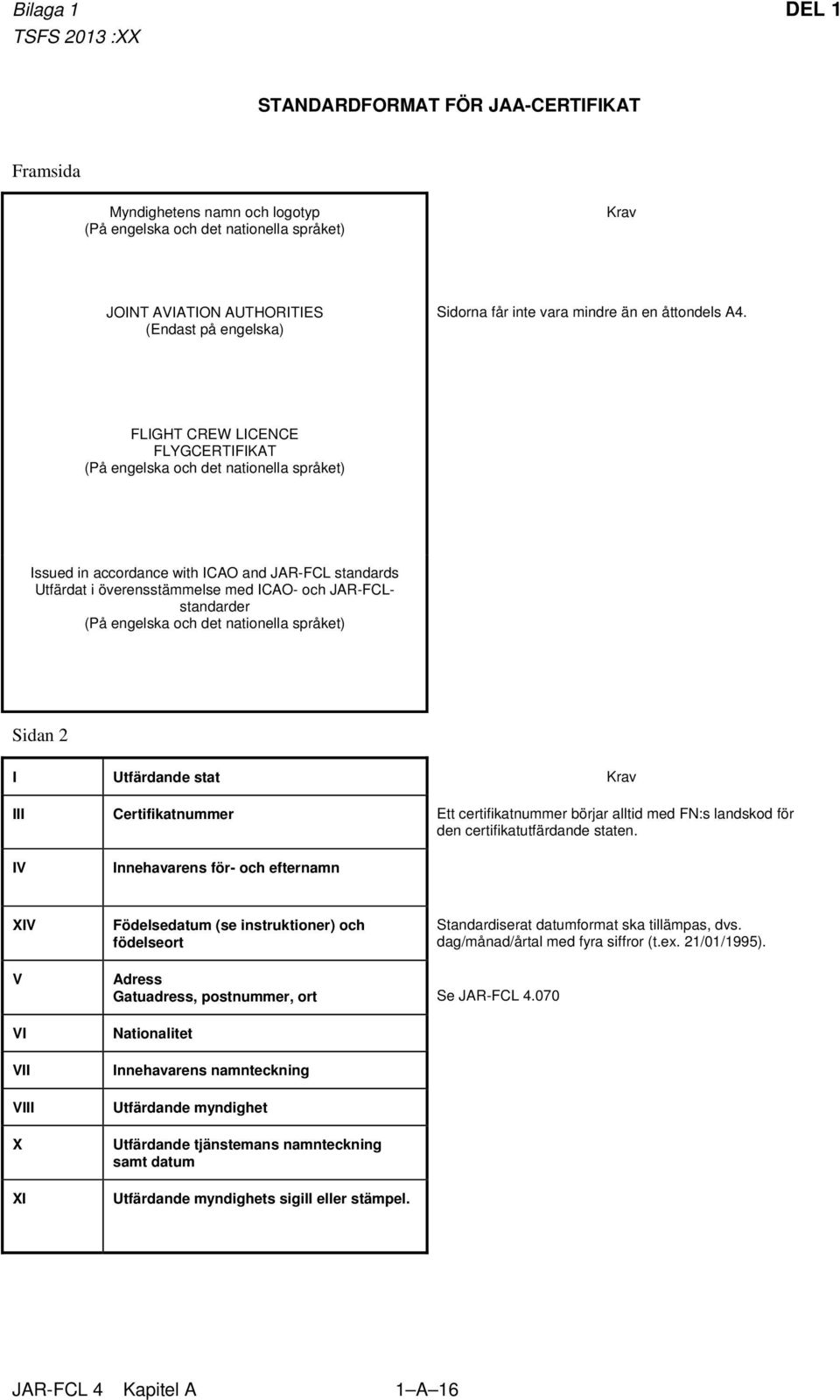 FLIGHT CREW LICENCE FLYGCERTIFIKAT (På engelska och det nationella språket) Issued in accordance with ICAO and JAR-FCL standards Utfärdat i överensstämmelse med ICAO- och JAR-FCLstandarder (På