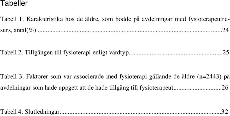 ..24 Tabell 2. Tillgången till fysioterapi enligt vårdtyp...25 Tabell 3.